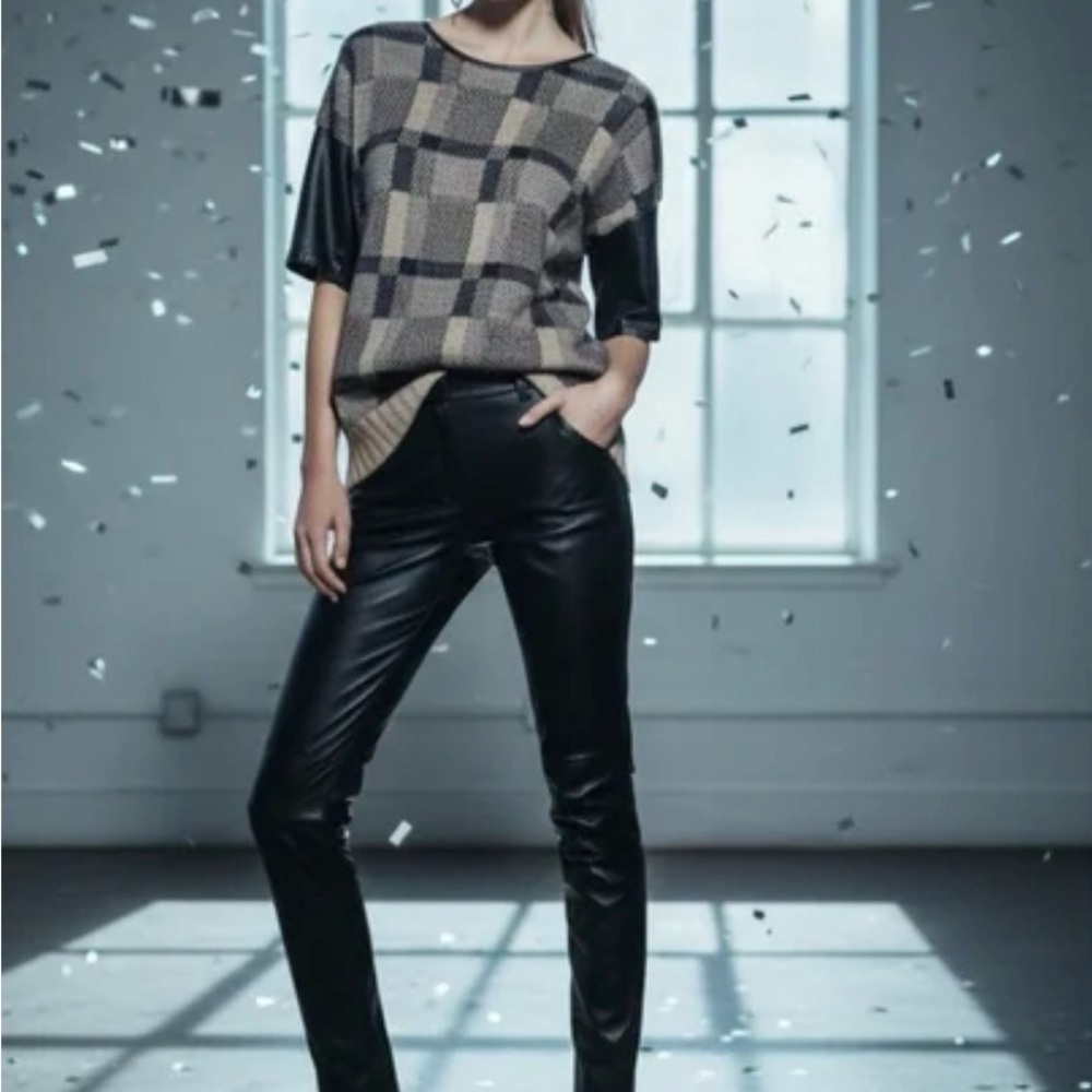 Club Monaco Italian Yarn Tan and Black Plaid Sweater with faux leather accents